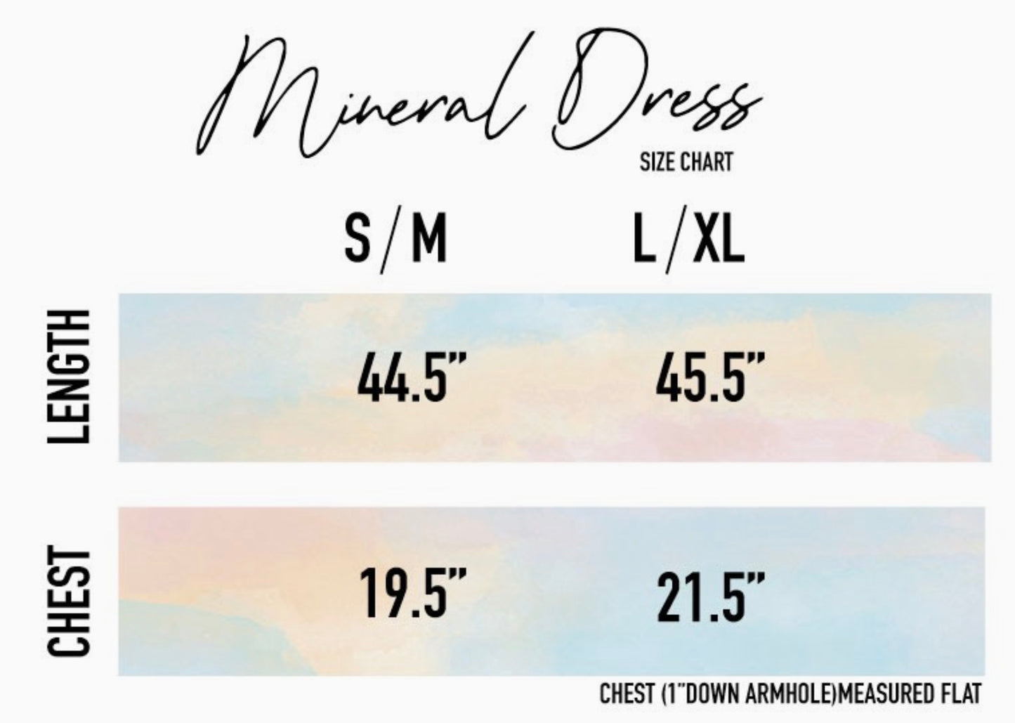 Size chart for Mineral Dress with measurements for length and chest size.