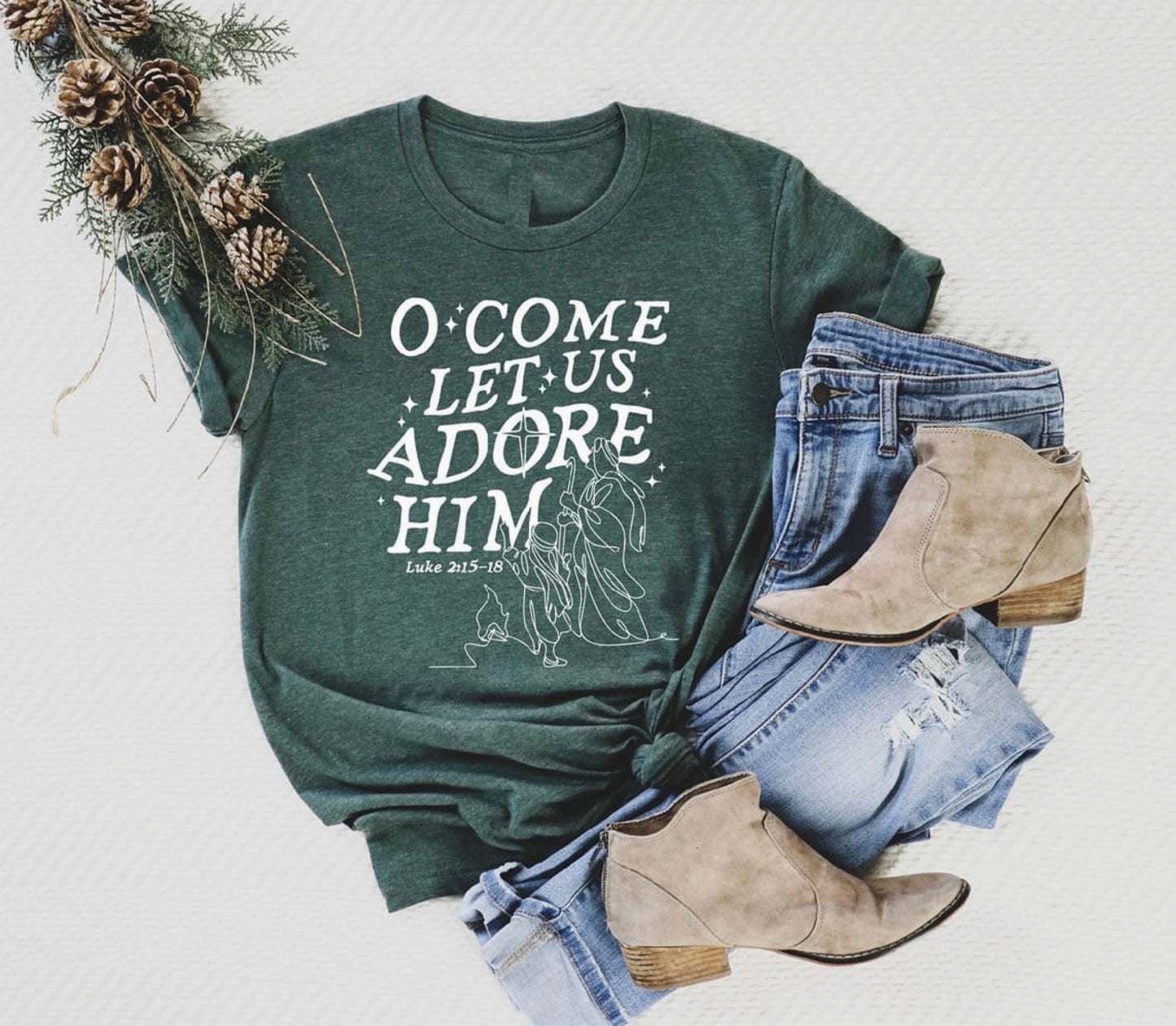 O Come Let Us Adore Him Graphic T-Shirt in Light Green- Christmas Apparel