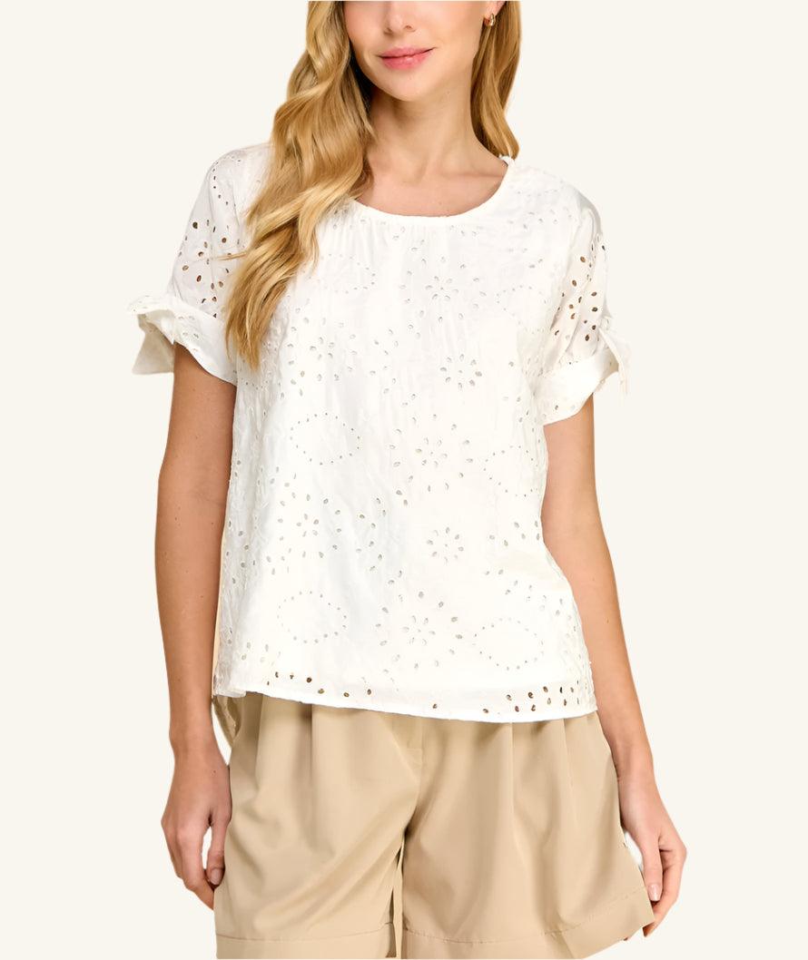 White Eyelet Bow Short Sleeve Blouse - Made in USA