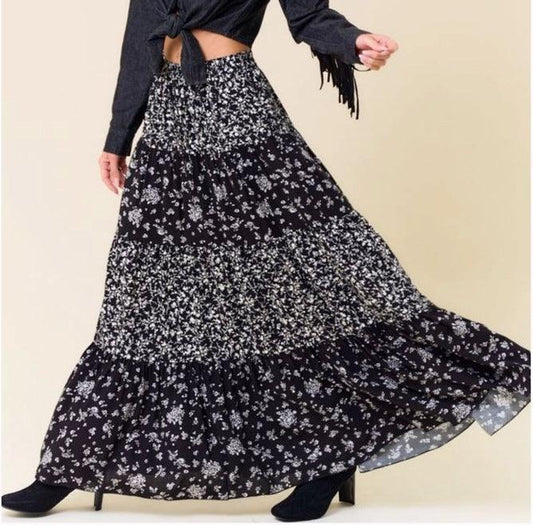 Black Floral Layered Maxi Skirt w/ Pockets - Made in USA - Kin Trading Post
