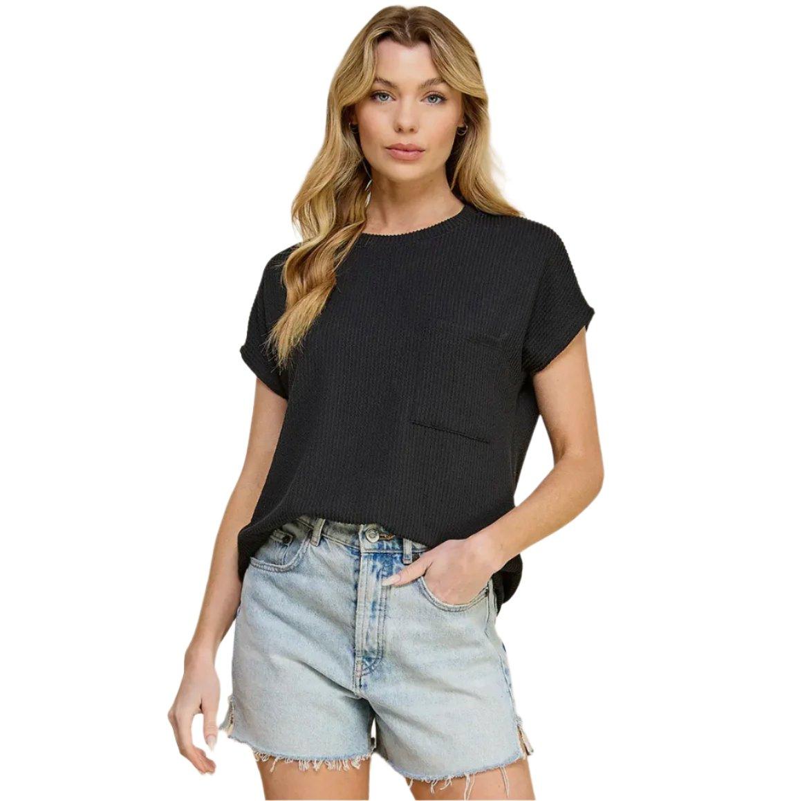 Black Ribbed Pocket Tee Blouse - Made in USA - Kin Trading Post