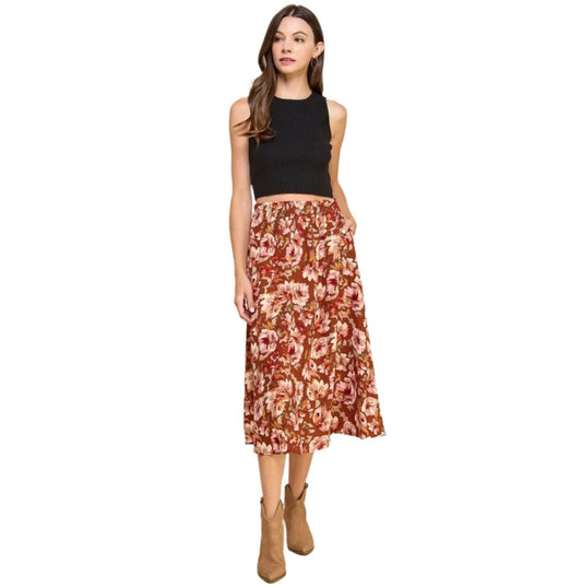 Floral Layered Maxi Skirt - Red/Brown - Made in USA - Kin Trading Post