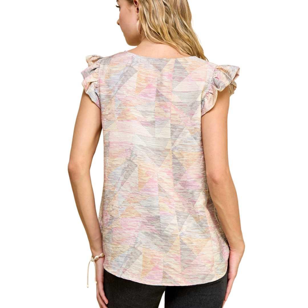 Geometric Ruffle Sleeve Top - Made in USA - Kin Trading Post