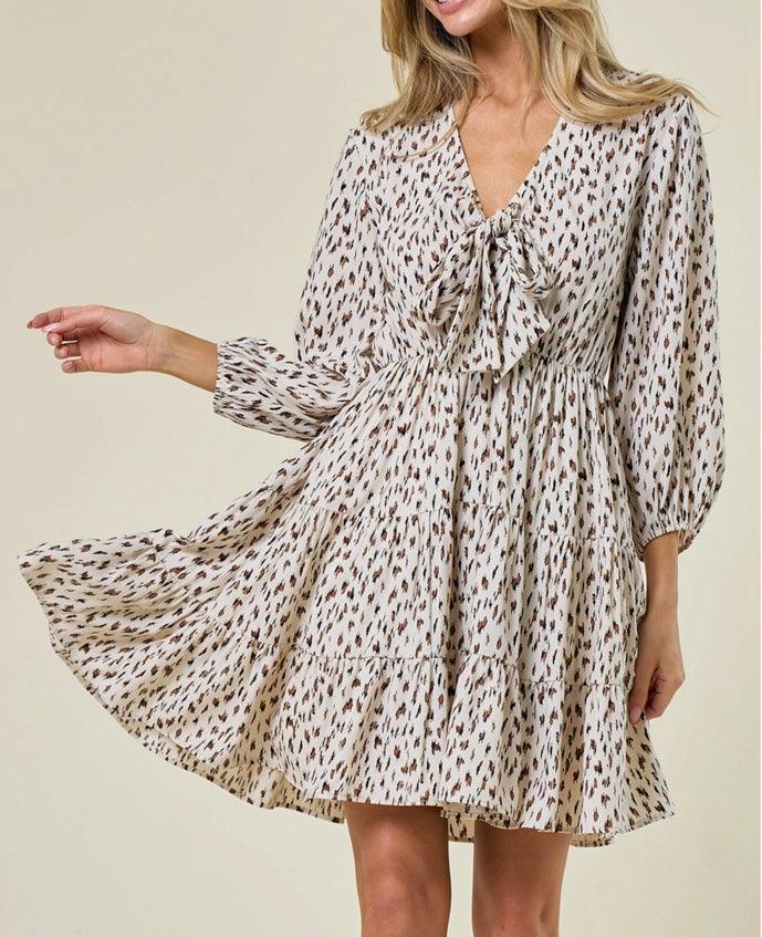 Ivory Brown Tie-Front Dress - Western Boho Rodeo Style Ivory / Medium Ivory Brown Tie-Front Dress - Western Boho Rodeo Style Ivory / Medium