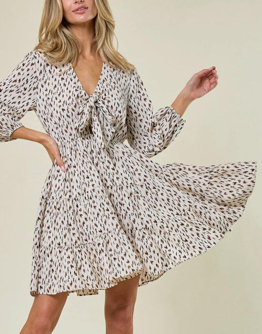 Ivory and Brown Tie-Front Dress - Kin Trading Post