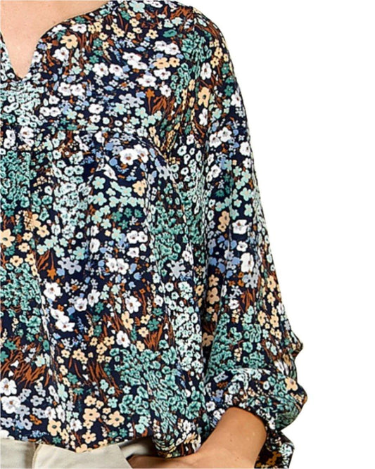 Navy Blue Floral Blouse - Made in USA - Kin Trading Post