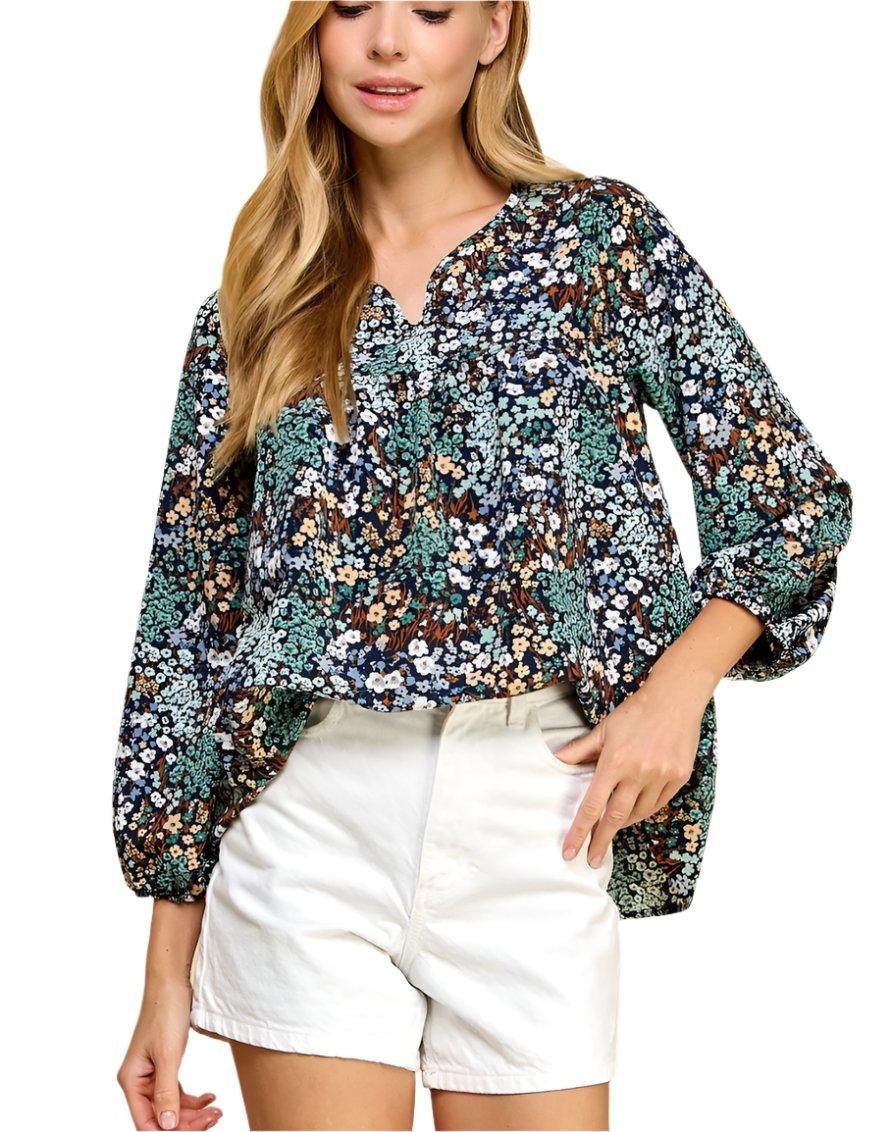 Navy Blue Floral Blouse - Made in USA - Kin Trading Post