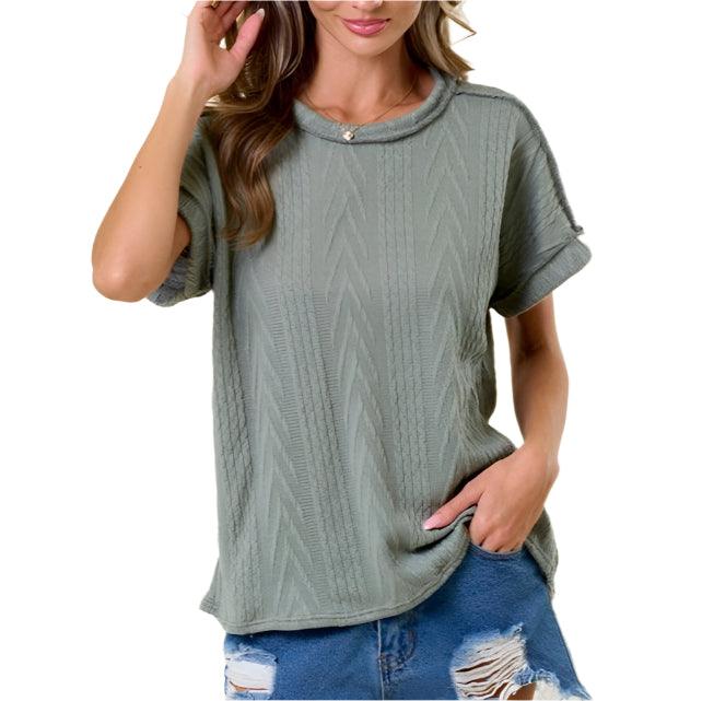 Short Sleeve Olive Green Soft Sweater Top - Made in USA - Kin Trading Post