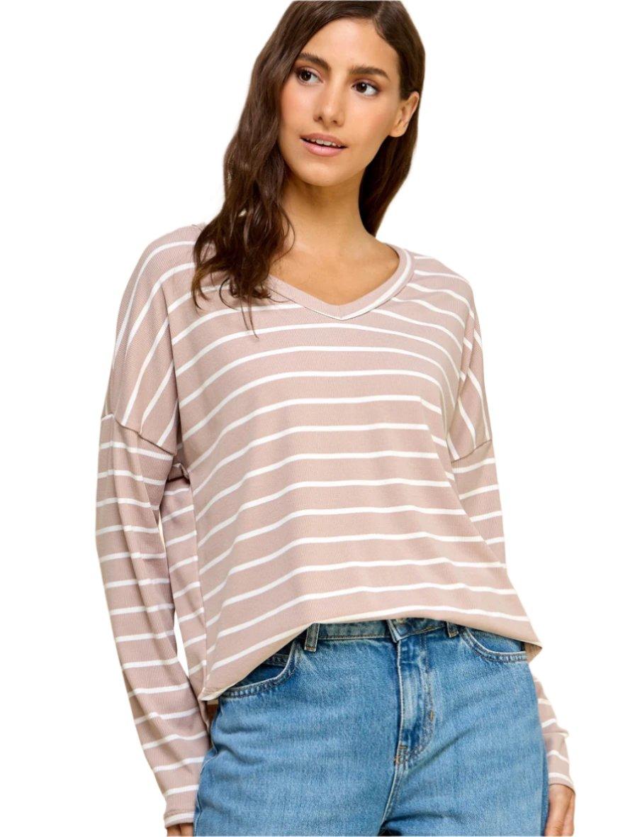Taupe and White Striped Top - Made in USA - Kin Trading Post