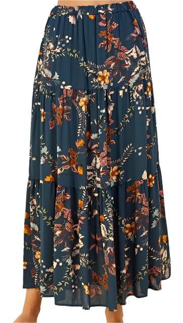 Floral Navy Teal Layered Maxi Skirt - Made in USA - Kin Trading Post