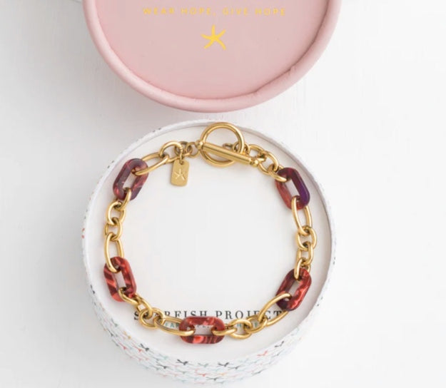 Gold & Blush Red Resin Link Bracelet in Gift Box
