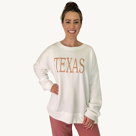 Nancy wearing Texas Sweater in Ivory