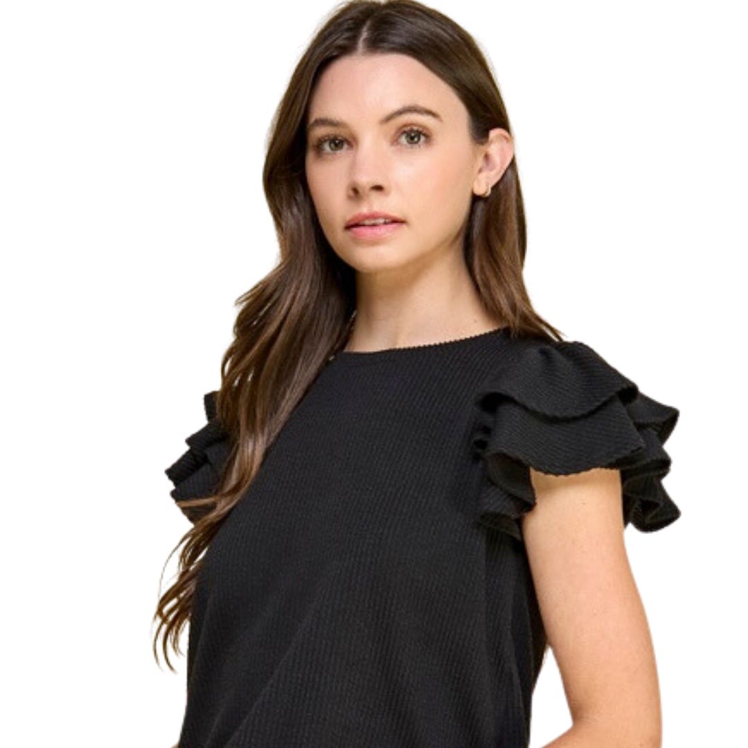 Model in Black Knit Ruffle Sleeve Blouse, Made in USA