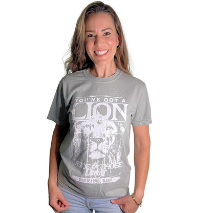 Nancy wearing Lion and Cross T-Shirt, Comfort Colors Sandstone Color