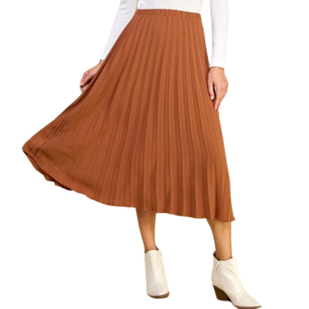 Pleated Long Skirt in Cognac Color, Fall Fashion 