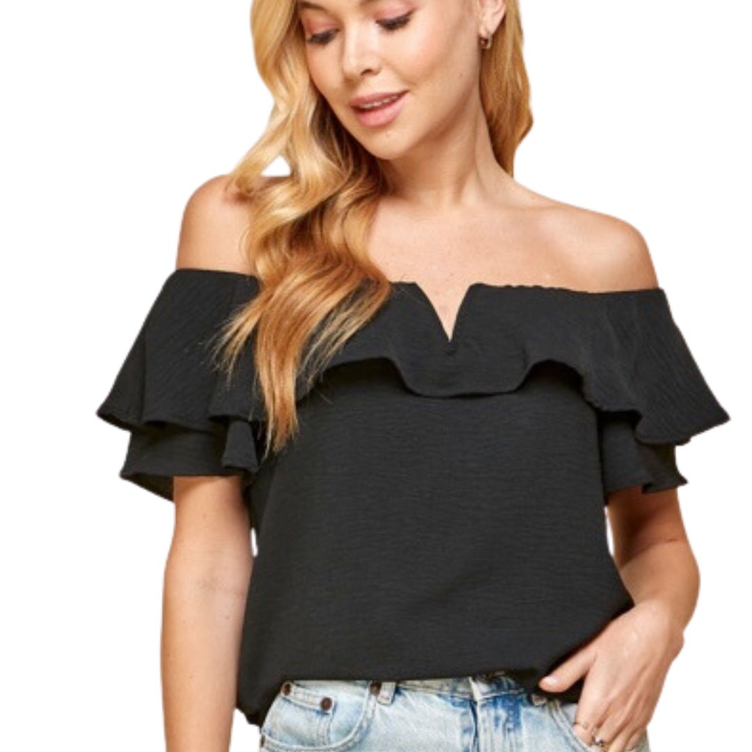 Off the Shoulder Black Ruffle Blouse - LARGE ONLY