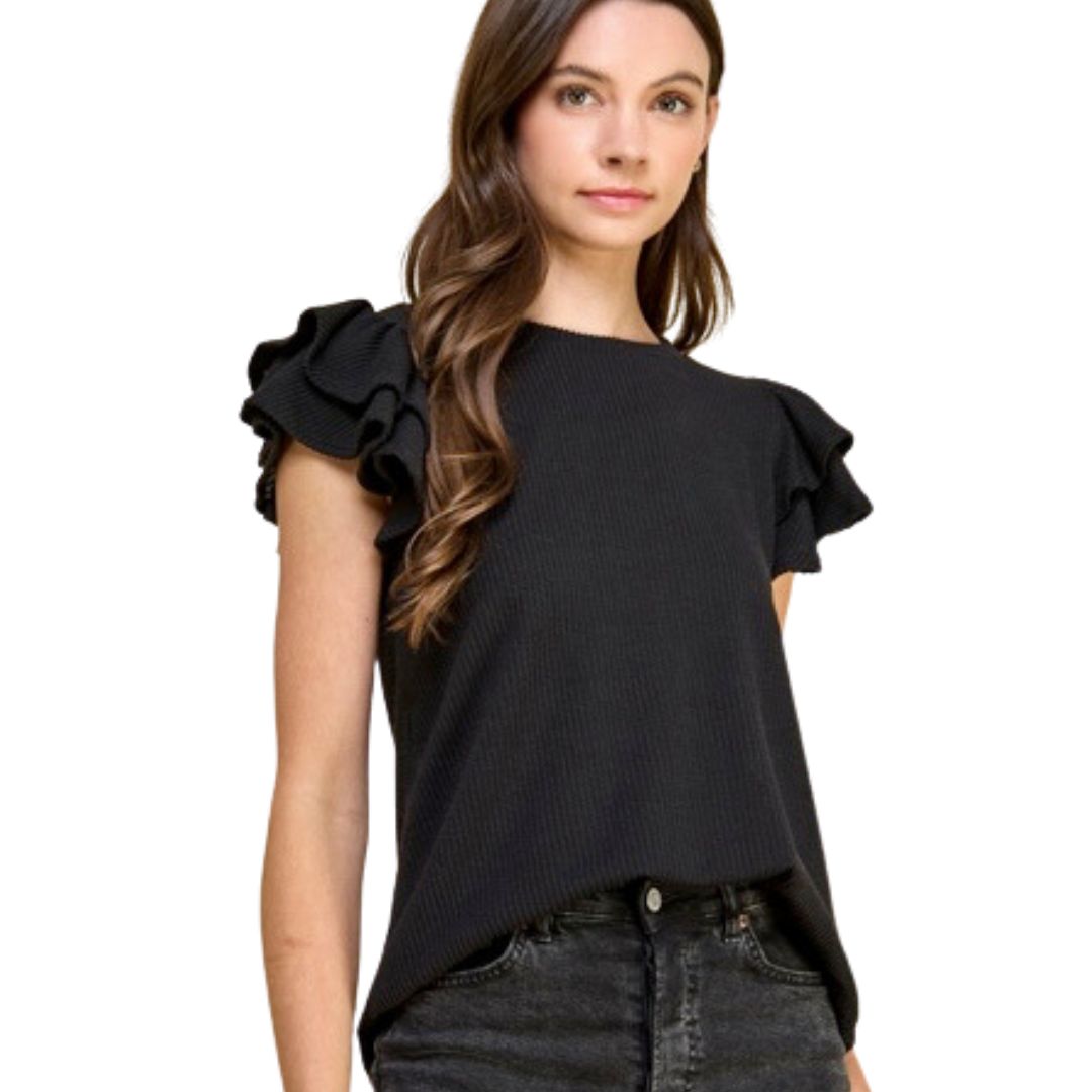 Model in Black Knit Ruffle Sleeve Blouse, Made in USA
