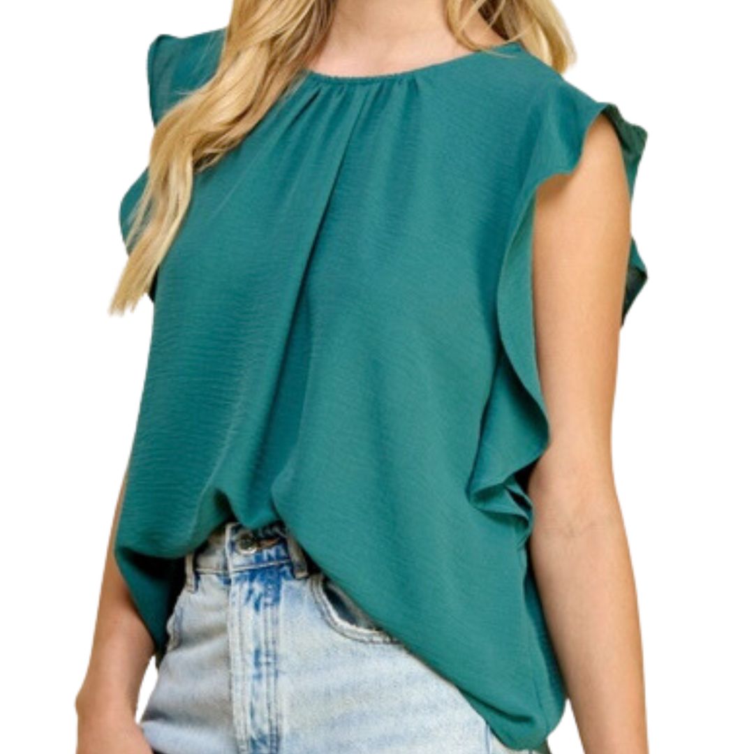 Model in New Teal Ruffle Cut Out Sleeve