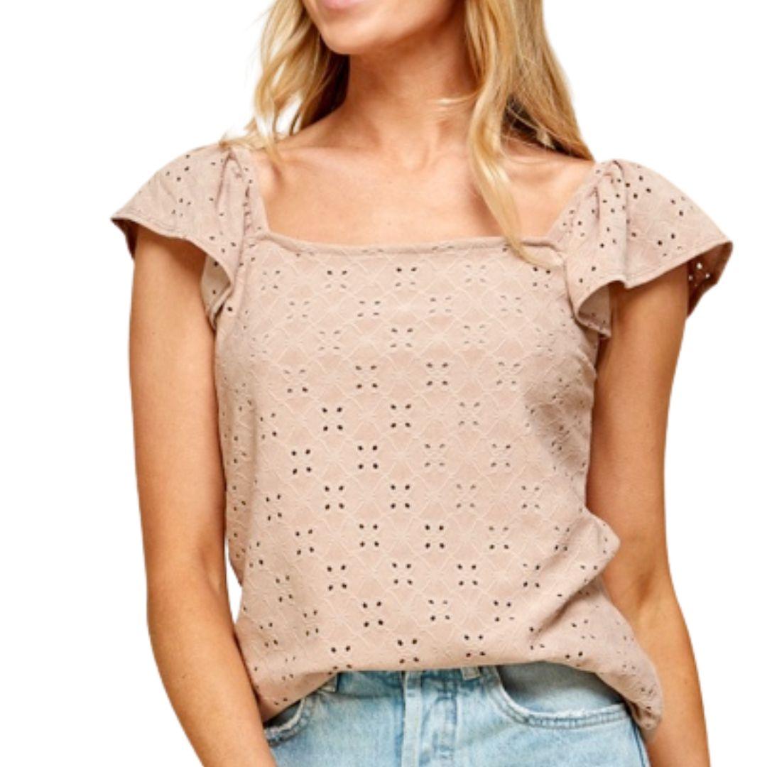 Eyelet Top with Square Neck in Taupe