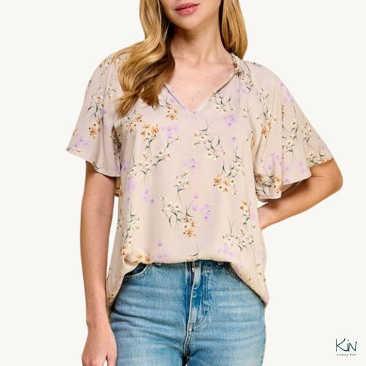 Model Wearing Floral Blouse, Made in USA
