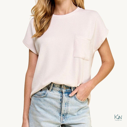 Ivory/Pink Ribbed Crew Top with Pocket