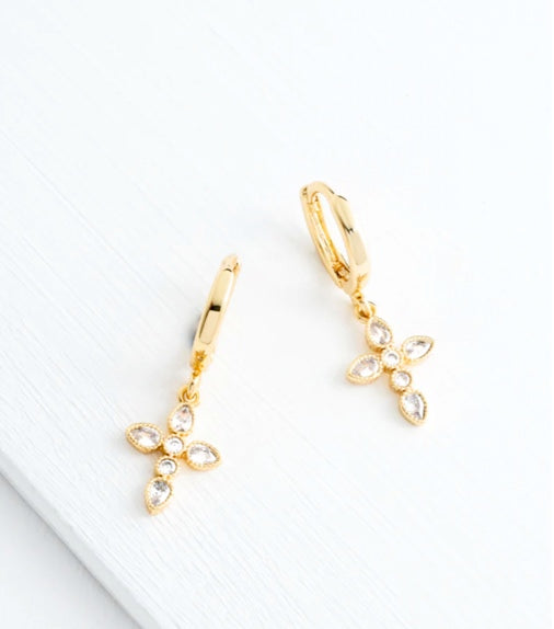 Cross Earrings in Gold and Zircon Stone