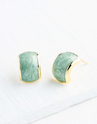 Sage Green Gold Stud Earrings, Vintage Chic Style