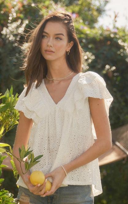 White Eyelet Top with V Neck, Made in USA