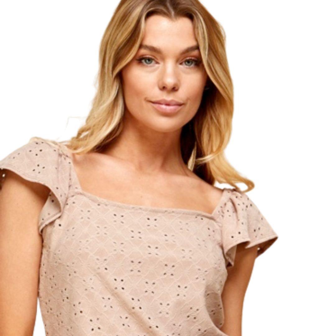 Eyelet Top with Square Neck in Taupe
