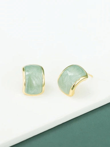 Sage Green Gold Stud Earrings, Vintage Chic Style