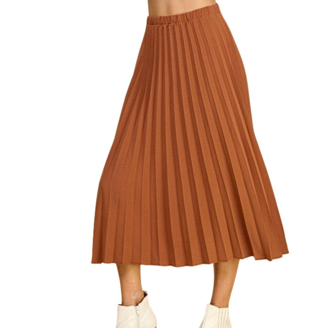 Pleated Long Skirt in Cognac Color, Fall Fashion 