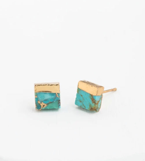 Turquoise and Gold Stud Square Earrings