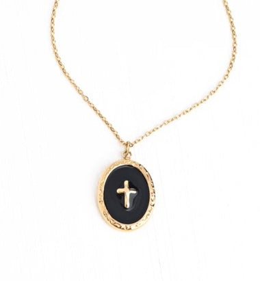 Cross Pendant in Black, Gold Chain