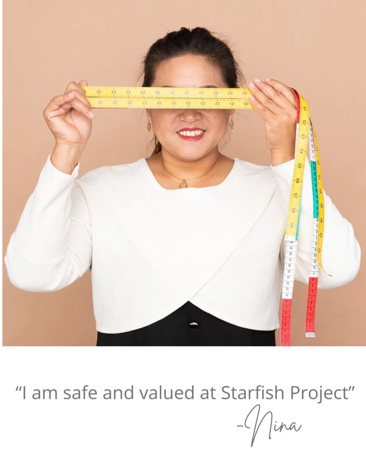 Survivor holding a measuring tape over her face with text about the Starfish Project.