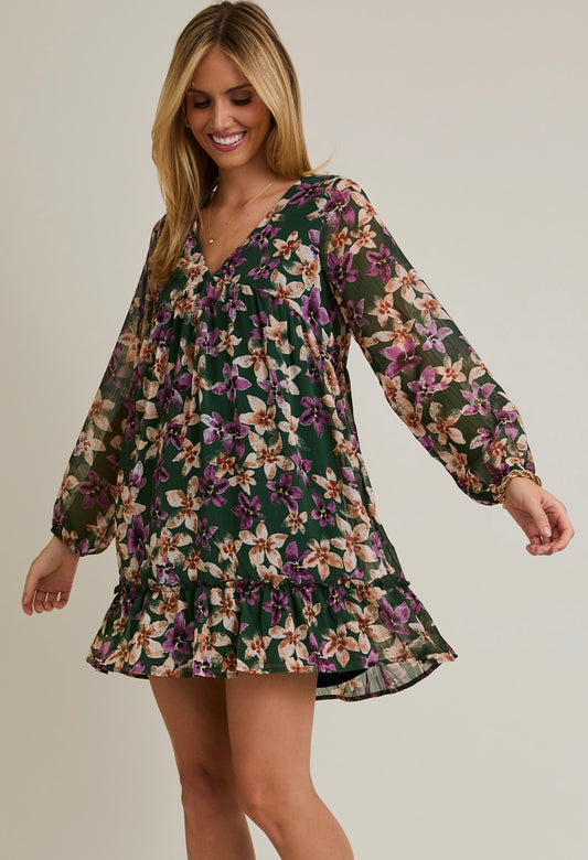 Floral Green Flowy Dress, Long Sleeve