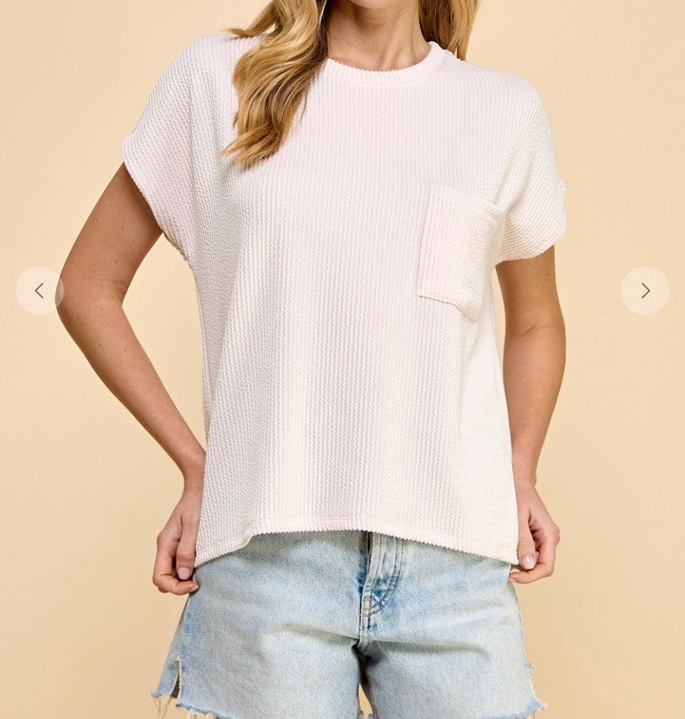 Ivory/Pink Ribbed Crew Top with Pocket