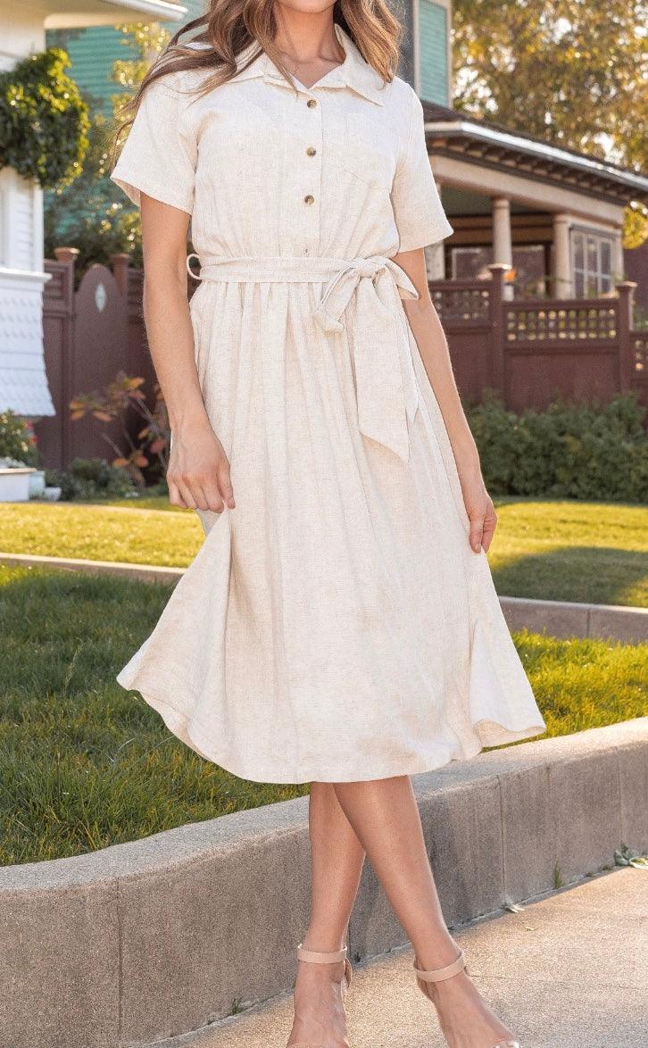 Linen Dress in Natural Color with Waist Tie