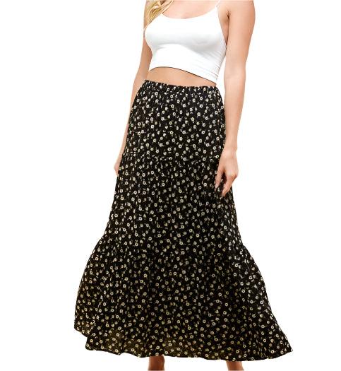 Black Floral Layered Maxi Skirt - Made in USA - Kin Trading Post