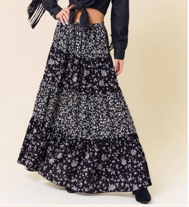 Black Floral Layered Maxi Skirt w/ Pockets - Made in USA - Kin Trading Post