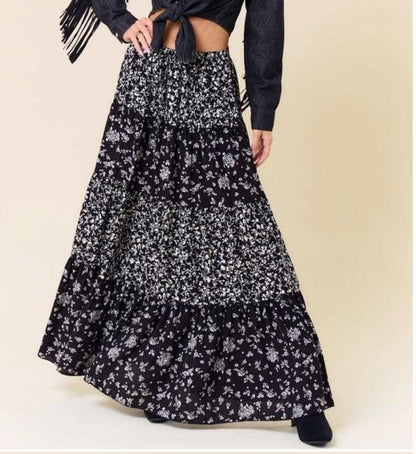 Black Floral Layered Maxi Skirt w/ Pockets - Made in USA - Kin Trading Post