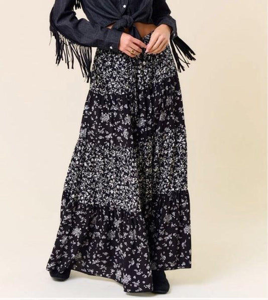 Black Floral Layered Maxi Skirt w/ Pockets - Made in USA - Kin Trading Post