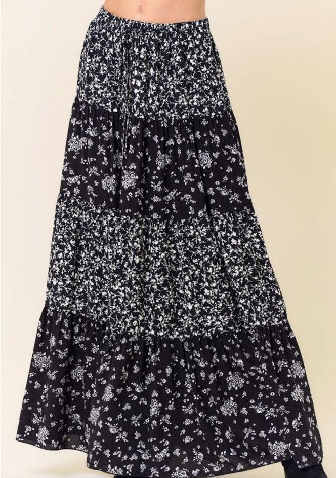 Black Floral Layered Maxi Skirt w/ Pockets - Made in USA - Kin Trading Post