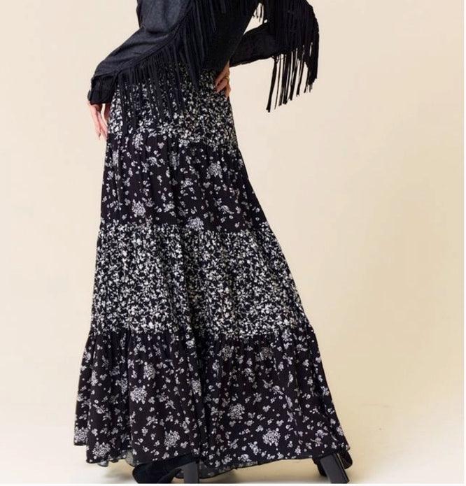 Black Floral Layered Maxi Skirt w/ Pockets - Made in USA - Kin Trading Post