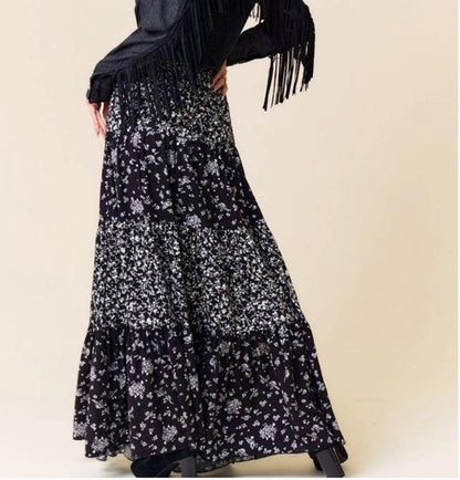Black Floral Layered Maxi Skirt w/ Pockets - Made in USA - Kin Trading Post
