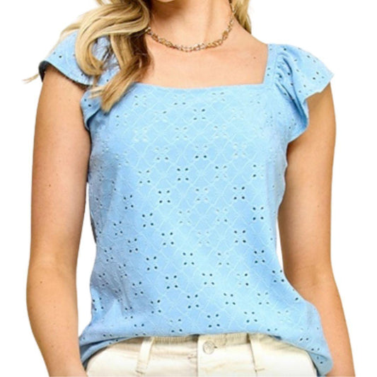 Blue Eyelet Square Top with Cap Sleeves - Kin Trading Post