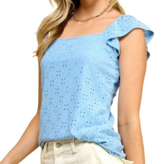 Blue Eyelet Square Top with Cap Sleeves - Kin Trading Post