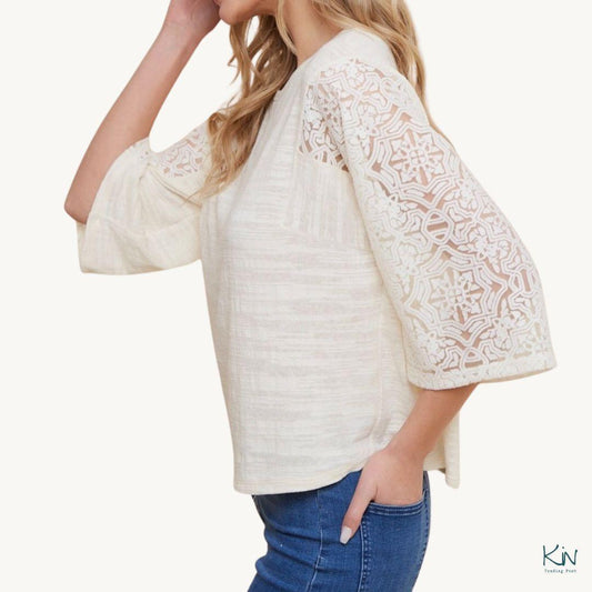 Creamy Lace Sleeve Top - Made in USA - Kin Trading Post