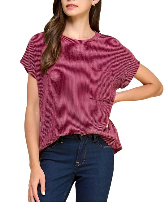Dark Red Ribbed Pocket Tee Blouse - Made in USA - Kin Trading Post