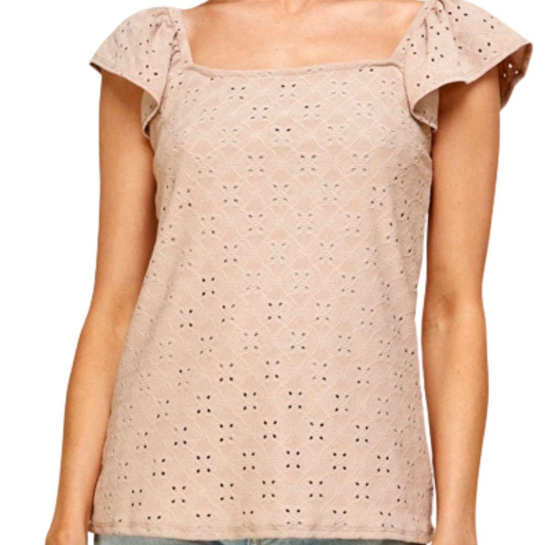 Eyelet Top with Square Neck in Taupe - Made in Mexico - Kin Trading Post