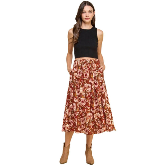 Floral Layered Maxi Skirt - Red/Brown - Made in USA - Kin Trading Post